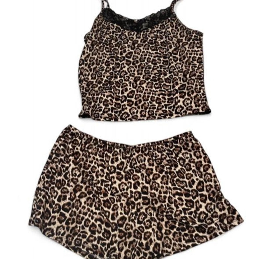 Joyspun Leopard Print Pajama Set Lace Cami Shorts Cheetah Sleepwear Y2K McBling